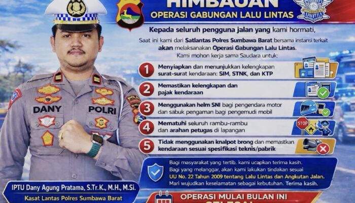 Satuan Lalu Lintas Polres Sumbawa Barat Kembali Mengelar Operasi Gabungan Lalu Lintas di Himbau Kepada masyarakat agar melengkapi surat-surat kendaraan dan mematuhi aturan berlalu lintas